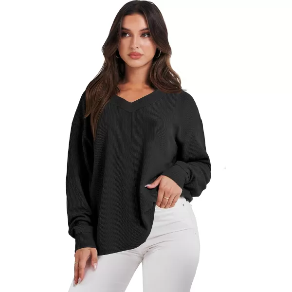 imageANRABESS Women Long Sleeve V Neck Off Shoulder Oversized Knit Pullover Sweatshirt Loose Fit High Low Tunic TopsBlack