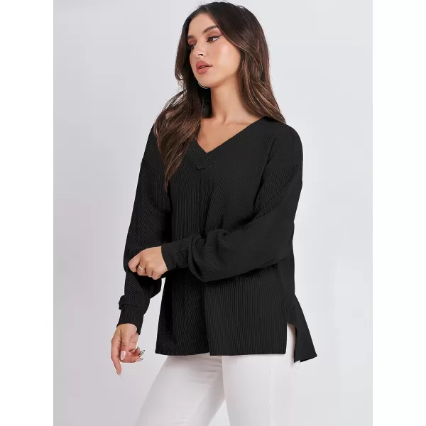 imageANRABESS Women Long Sleeve V Neck Off Shoulder Oversized Knit Pullover Sweatshirt Loose Fit High Low Tunic TopsBlack