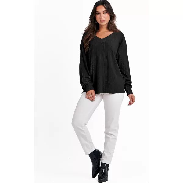 imageANRABESS Women Long Sleeve V Neck Off Shoulder Oversized Knit Pullover Sweatshirt Loose Fit High Low Tunic TopsBlack