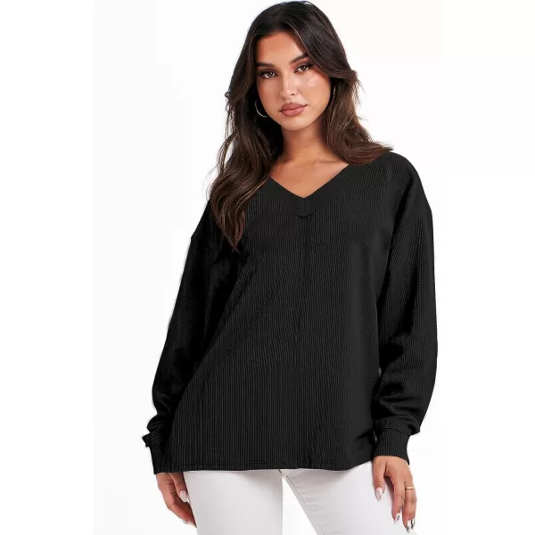 imageANRABESS Women Long Sleeve V Neck Off Shoulder Oversized Knit Pullover Sweatshirt Loose Fit High Low Tunic TopsBlack
