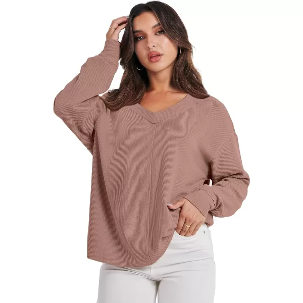imageANRABESS Women Long Sleeve V Neck Off Shoulder Oversized Knit Pullover Sweatshirt Loose Fit High Low Tunic TopsKhaki