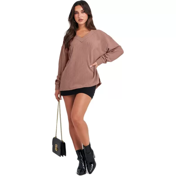 imageANRABESS Women Long Sleeve V Neck Off Shoulder Oversized Knit Pullover Sweatshirt Loose Fit High Low Tunic TopsKhaki