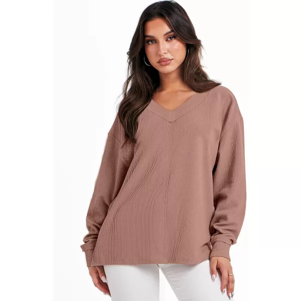 imageANRABESS Women Long Sleeve V Neck Off Shoulder Oversized Knit Pullover Sweatshirt Loose Fit High Low Tunic TopsKhaki
