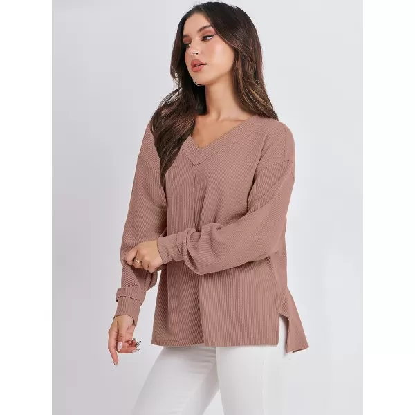 imageANRABESS Women Long Sleeve V Neck Off Shoulder Oversized Knit Pullover Sweatshirt Loose Fit High Low Tunic TopsKhaki