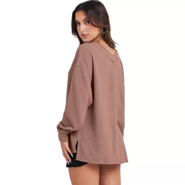 imageANRABESS Women Long Sleeve V Neck Off Shoulder Oversized Knit Pullover Sweatshirt Loose Fit High Low Tunic TopsKhaki