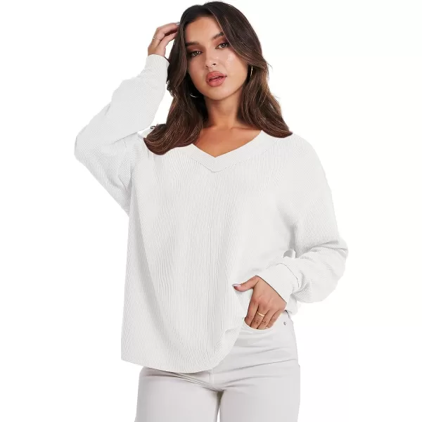 imageANRABESS Women Long Sleeve V Neck Off Shoulder Oversized Knit Pullover Sweatshirt Loose Fit High Low Tunic TopsWhite