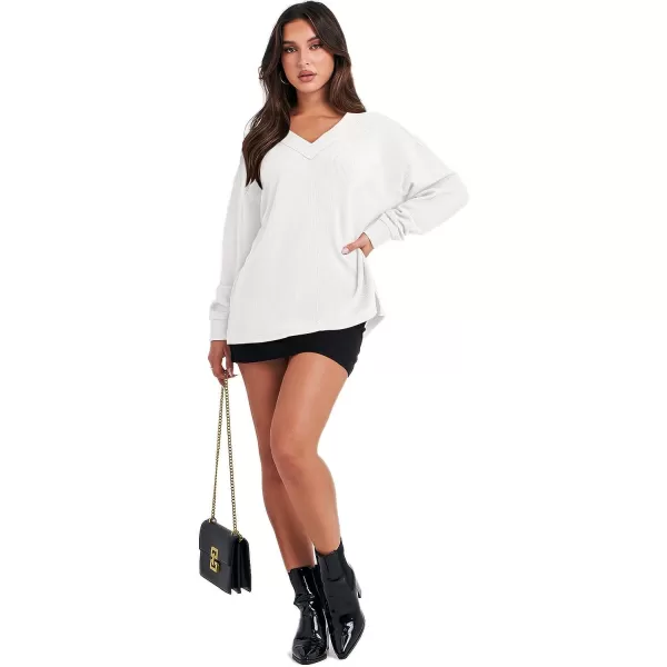 imageANRABESS Women Long Sleeve V Neck Off Shoulder Oversized Knit Pullover Sweatshirt Loose Fit High Low Tunic TopsWhite