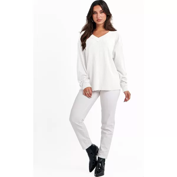 imageANRABESS Women Long Sleeve V Neck Off Shoulder Oversized Knit Pullover Sweatshirt Loose Fit High Low Tunic TopsWhite
