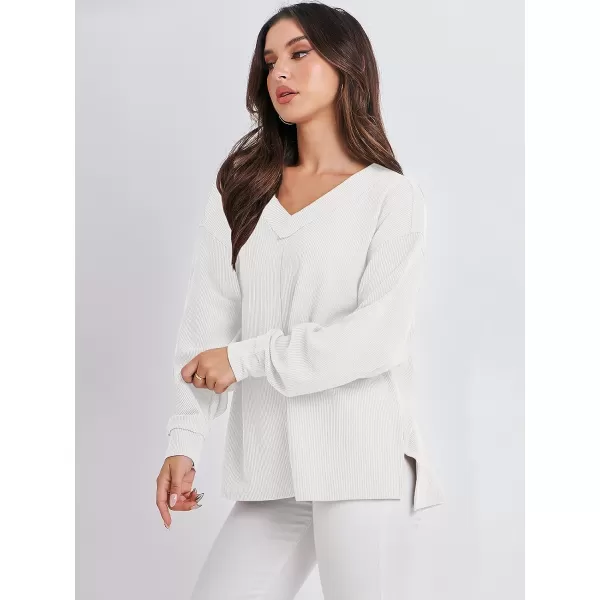 imageANRABESS Women Long Sleeve V Neck Off Shoulder Oversized Knit Pullover Sweatshirt Loose Fit High Low Tunic TopsWhite