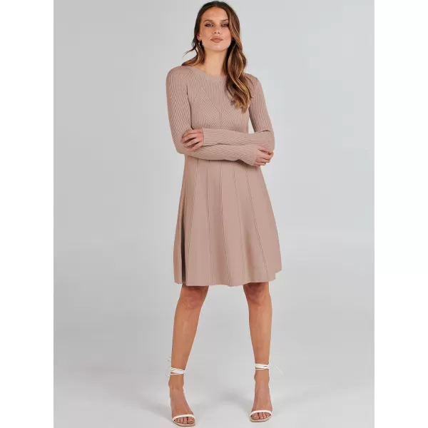 imageANRABESS Women Midi Sweater Dress Long Sleeve Crewneck High Waist Casual ALine Pleated DressesApricot