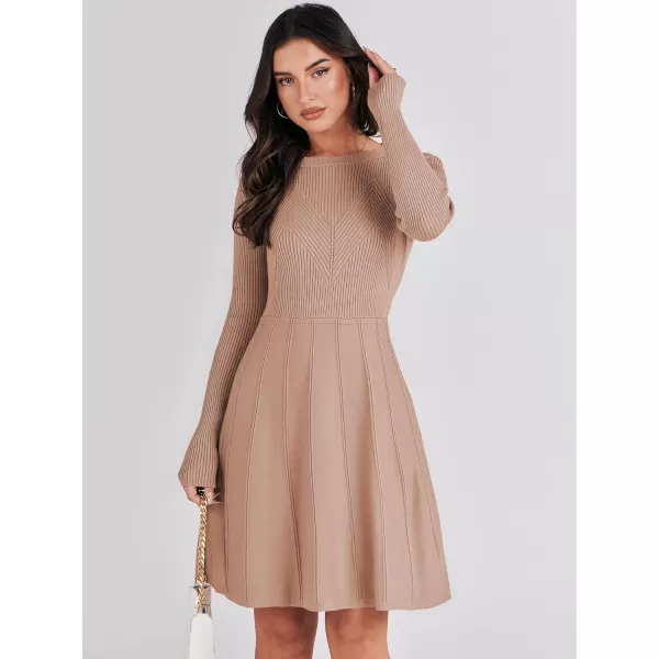 imageANRABESS Women Midi Sweater Dress Long Sleeve Crewneck High Waist Casual ALine Pleated DressesApricot