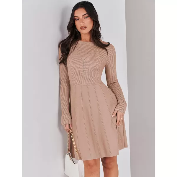 imageANRABESS Women Midi Sweater Dress Long Sleeve Crewneck High Waist Casual ALine Pleated DressesApricot