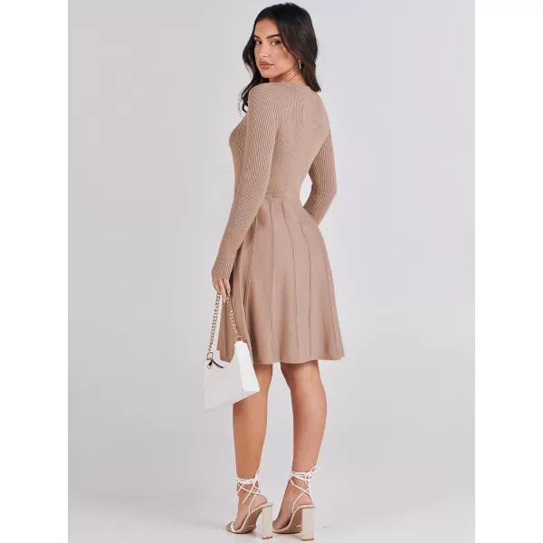 imageANRABESS Women Midi Sweater Dress Long Sleeve Crewneck High Waist Casual ALine Pleated DressesApricot