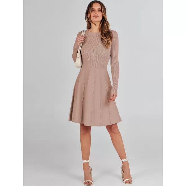 imageANRABESS Women Midi Sweater Dress Long Sleeve Crewneck High Waist Casual ALine Pleated DressesApricot