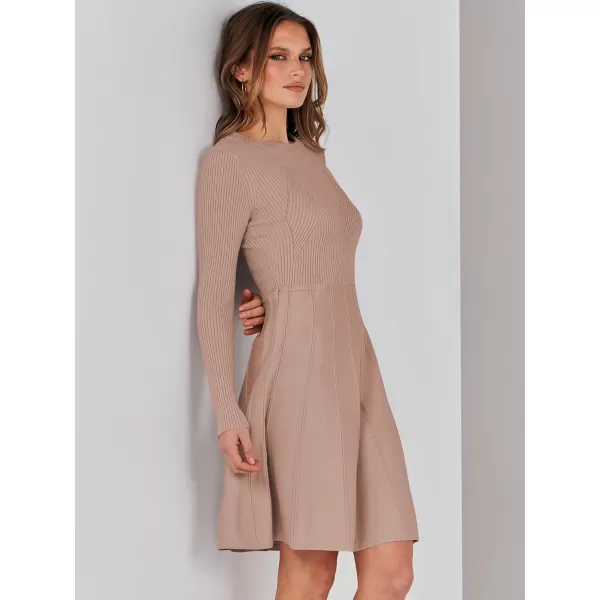 imageANRABESS Women Midi Sweater Dress Long Sleeve Crewneck High Waist Casual ALine Pleated DressesApricot