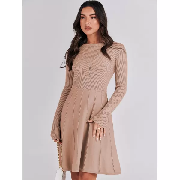 imageANRABESS Women Midi Sweater Dress Long Sleeve Crewneck High Waist Casual ALine Pleated DressesApricot