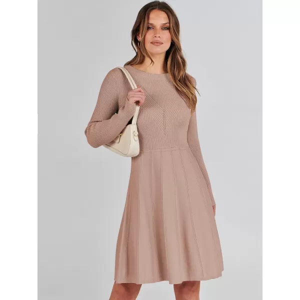 imageANRABESS Women Midi Sweater Dress Long Sleeve Crewneck High Waist Casual ALine Pleated DressesApricot