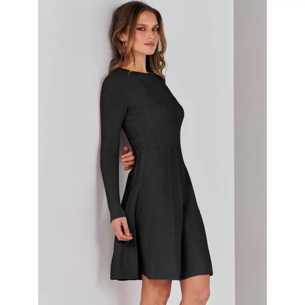 imageANRABESS Women Midi Sweater Dress Long Sleeve Crewneck High Waist Casual ALine Pleated DressesBlack