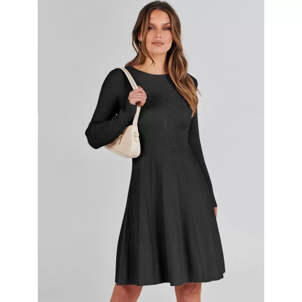 imageANRABESS Women Midi Sweater Dress Long Sleeve Crewneck High Waist Casual ALine Pleated DressesBlack