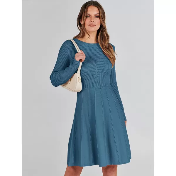 imageANRABESS Women Midi Sweater Dress Long Sleeve Crewneck High Waist Casual ALine Pleated DressesBlue