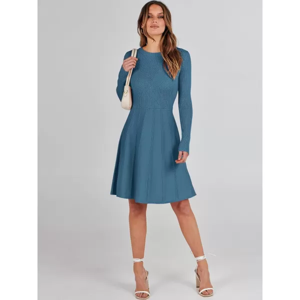 imageANRABESS Women Midi Sweater Dress Long Sleeve Crewneck High Waist Casual ALine Pleated DressesBlue