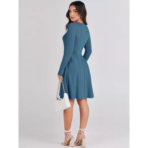 imageANRABESS Women Midi Sweater Dress Long Sleeve Crewneck High Waist Casual ALine Pleated DressesBlue