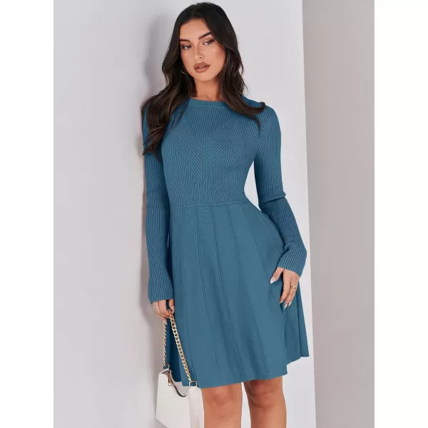 imageANRABESS Women Midi Sweater Dress Long Sleeve Crewneck High Waist Casual ALine Pleated DressesBlue
