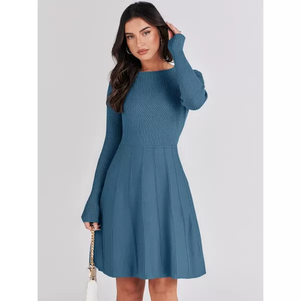 imageANRABESS Women Midi Sweater Dress Long Sleeve Crewneck High Waist Casual ALine Pleated DressesBlue