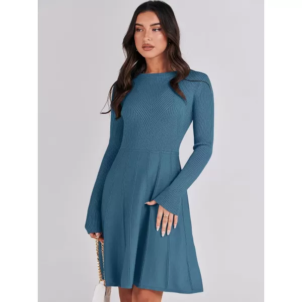 imageANRABESS Women Midi Sweater Dress Long Sleeve Crewneck High Waist Casual ALine Pleated DressesBlue