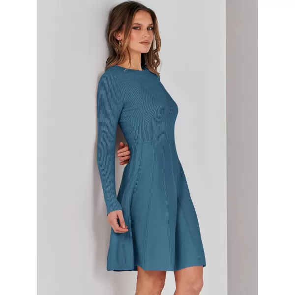 imageANRABESS Women Midi Sweater Dress Long Sleeve Crewneck High Waist Casual ALine Pleated DressesBlue
