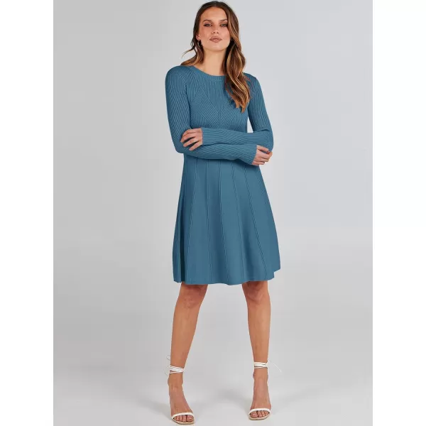 imageANRABESS Women Midi Sweater Dress Long Sleeve Crewneck High Waist Casual ALine Pleated DressesBlue