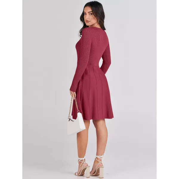 imageANRABESS Women Midi Sweater Dress Long Sleeve Crewneck High Waist Casual ALine Pleated DressesBurgundy