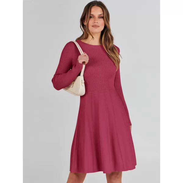 imageANRABESS Women Midi Sweater Dress Long Sleeve Crewneck High Waist Casual ALine Pleated DressesBurgundy