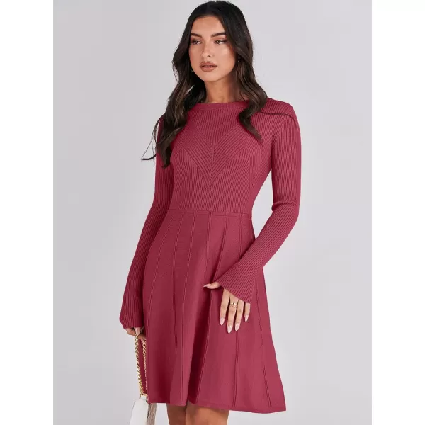 imageANRABESS Women Midi Sweater Dress Long Sleeve Crewneck High Waist Casual ALine Pleated DressesBurgundy