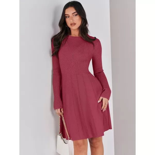 imageANRABESS Women Midi Sweater Dress Long Sleeve Crewneck High Waist Casual ALine Pleated DressesBurgundy