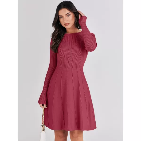imageANRABESS Women Midi Sweater Dress Long Sleeve Crewneck High Waist Casual ALine Pleated DressesBurgundy