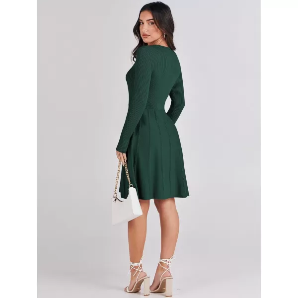 imageANRABESS Women Midi Sweater Dress Long Sleeve Crewneck High Waist Casual ALine Pleated DressesGreen