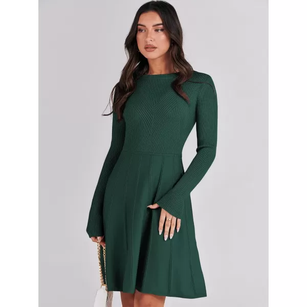 imageANRABESS Women Midi Sweater Dress Long Sleeve Crewneck High Waist Casual ALine Pleated DressesGreen