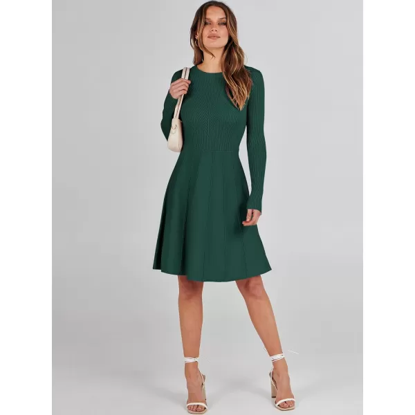 imageANRABESS Women Midi Sweater Dress Long Sleeve Crewneck High Waist Casual ALine Pleated DressesGreen