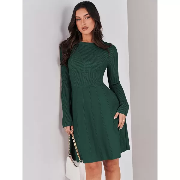 imageANRABESS Women Midi Sweater Dress Long Sleeve Crewneck High Waist Casual ALine Pleated DressesGreen