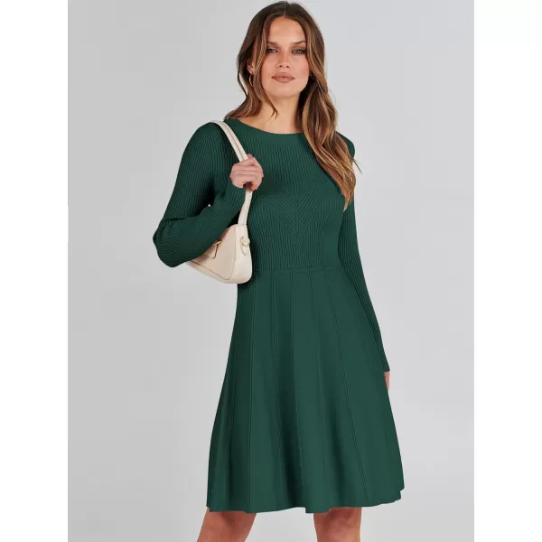 imageANRABESS Women Midi Sweater Dress Long Sleeve Crewneck High Waist Casual ALine Pleated DressesGreen