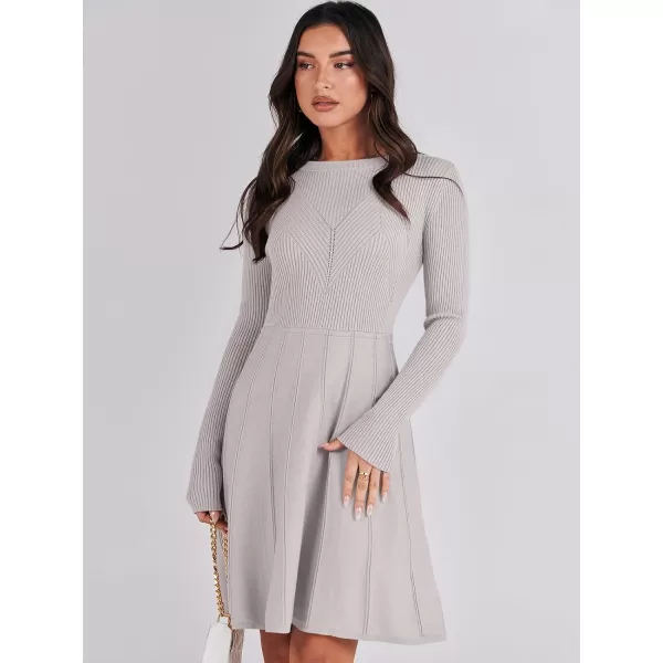 imageANRABESS Women Midi Sweater Dress Long Sleeve Crewneck High Waist Casual ALine Pleated DressesGrey