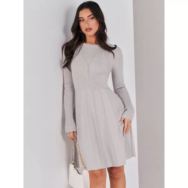 imageANRABESS Women Midi Sweater Dress Long Sleeve Crewneck High Waist Casual ALine Pleated DressesGrey