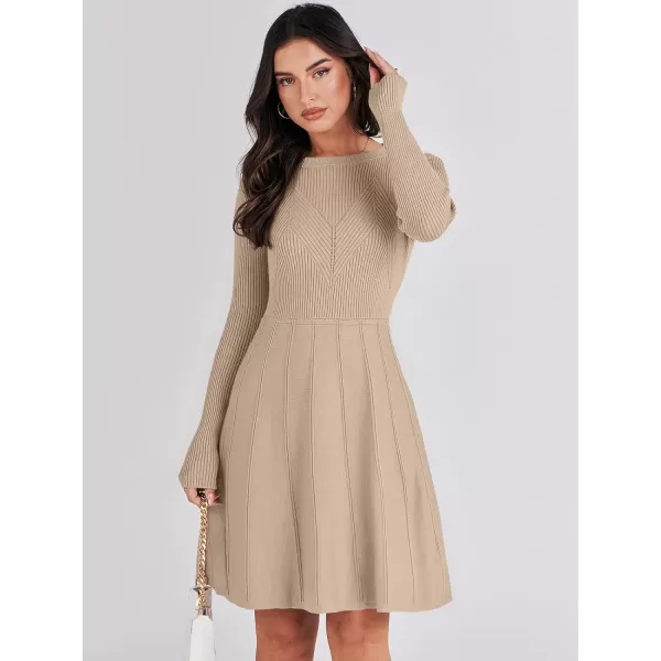 imageANRABESS Women Midi Sweater Dress Long Sleeve Crewneck High Waist Casual ALine Pleated DressesLight Apricot
