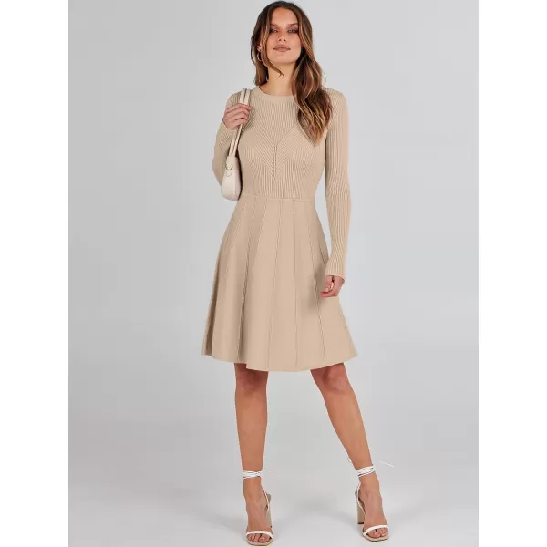 imageANRABESS Women Midi Sweater Dress Long Sleeve Crewneck High Waist Casual ALine Pleated DressesLight Apricot