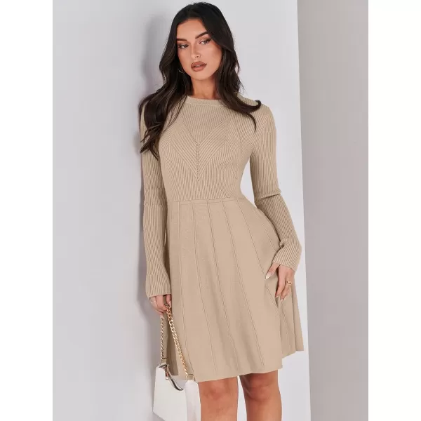 imageANRABESS Women Midi Sweater Dress Long Sleeve Crewneck High Waist Casual ALine Pleated DressesLight Apricot