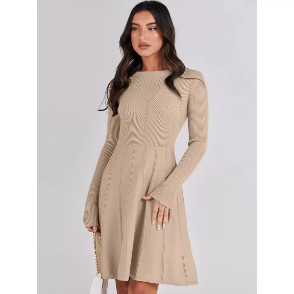 imageANRABESS Women Midi Sweater Dress Long Sleeve Crewneck High Waist Casual ALine Pleated DressesLight Apricot