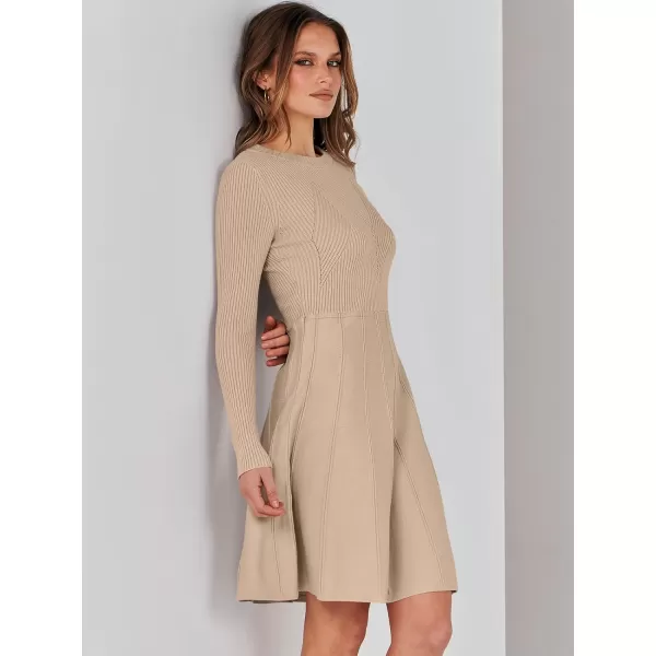 imageANRABESS Women Midi Sweater Dress Long Sleeve Crewneck High Waist Casual ALine Pleated DressesLight Apricot
