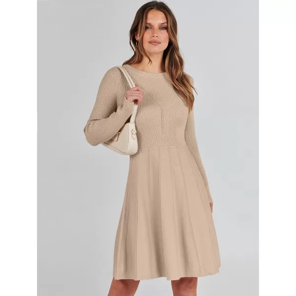 imageANRABESS Women Midi Sweater Dress Long Sleeve Crewneck High Waist Casual ALine Pleated DressesLight Apricot