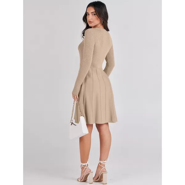 imageANRABESS Women Midi Sweater Dress Long Sleeve Crewneck High Waist Casual ALine Pleated DressesLight Apricot